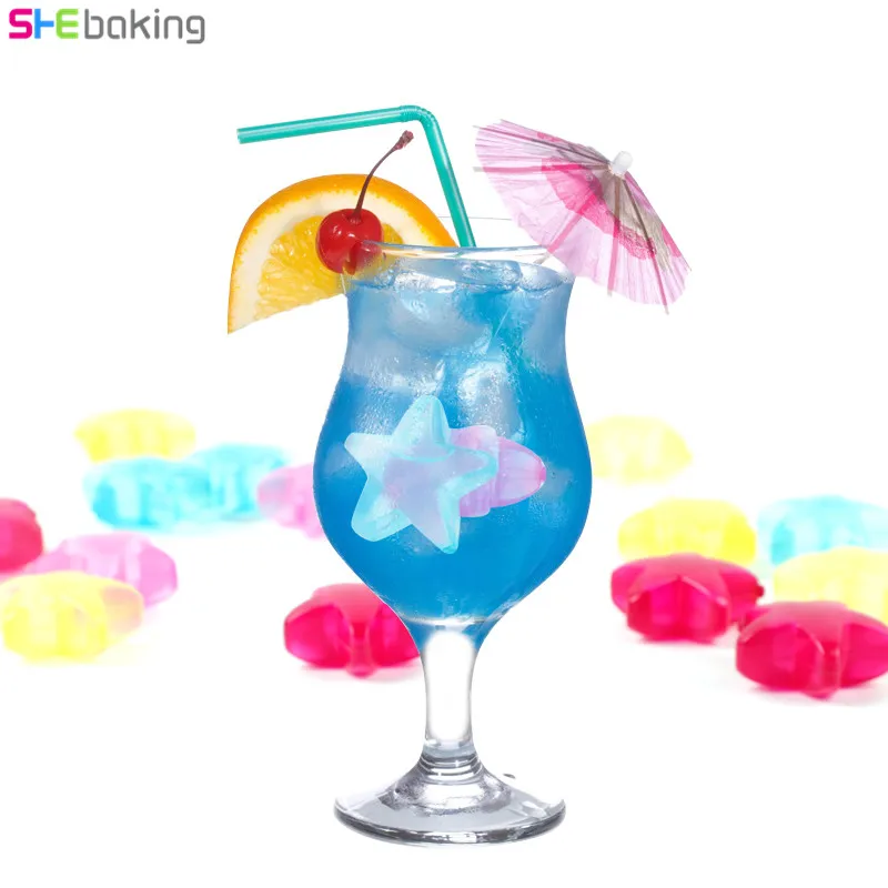 Shebaking 20pcs Star Shaped Ice Cubes Plastic Reusable Multicolour Ice Cream Tubs Mold Kitchen Bar Party Physical Cooling Tool