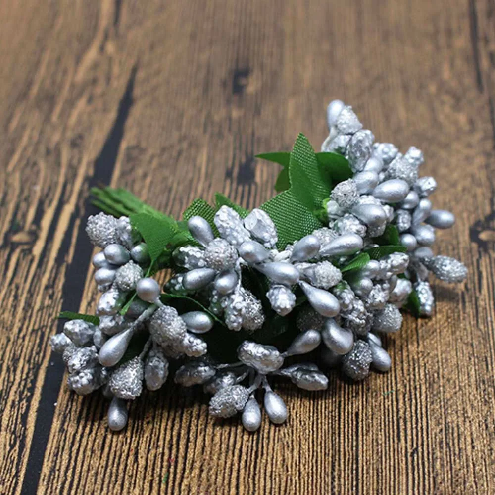 Серебристый 144 шт./упак. DIY Скрапбукинг декоративный венок Искусственные цветы букет искусственных бутонов ягода с тычинками ягодный с цветочным узором для свадебного декора - Цвет: Серебристый