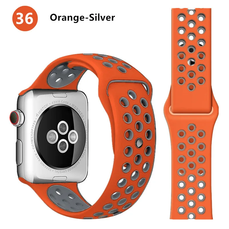 orange-silver Спортивный ремешок для Apple Watch 42 мм 38 мм iWatch 44 мм 40 мм силиконовый браслет ремешок для Apple watch 5 4 3 2 1 42/44 мм - Цвет ремешка: orange-silver