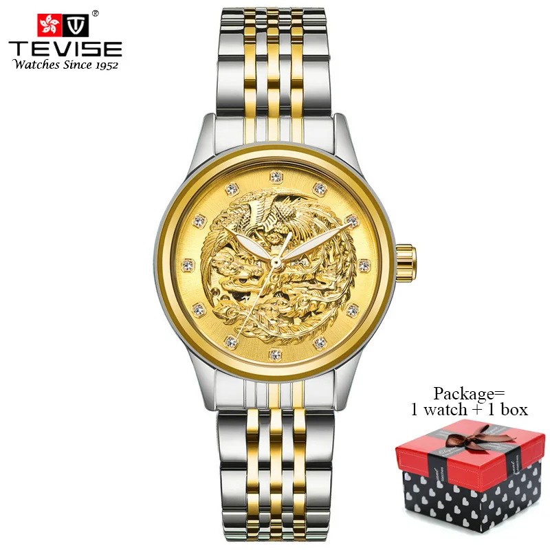 TEVISE женские роскошные золотые автоматические механические часы с Фениксом