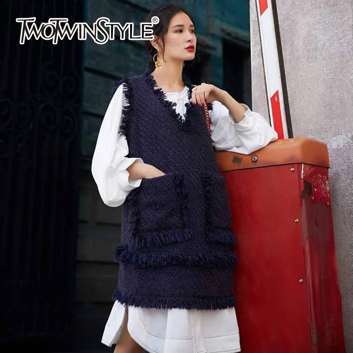 TWOTWINSTYLE вязаный длинный жилет с кисточками осенне-зимний женский большими