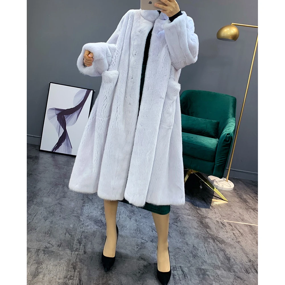 Women's Mink Fur Coat Long With Stand Collar Thick Warm Jacket White Plus Size Outwear | Женская одежда