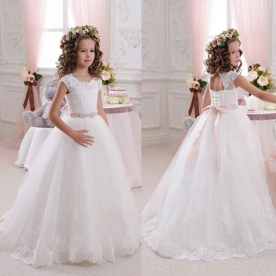 

Beautiful White Flower Girl Dress For Wedding with Belt Sleeveless Princess A-Line First Communion Gown