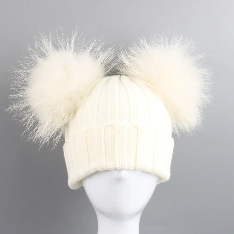 Детская акрил Skullies шапочки енота Мех животных pom Шапки зима ребенок натуральная