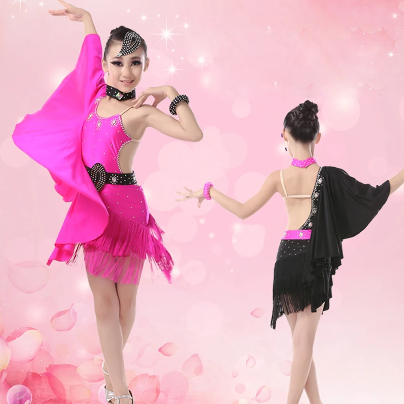 Девушки дети рукав летучая мышь для латио американских танцев с бахромой Юбки