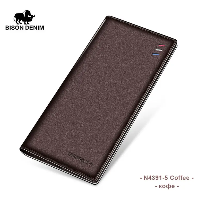 BISON DENIM, модные мужские кошельки, натуральная кожа, длинный тонкий кошелек, деловой мужской держатель для карт, кошелек - Цвет: 4391-coffee