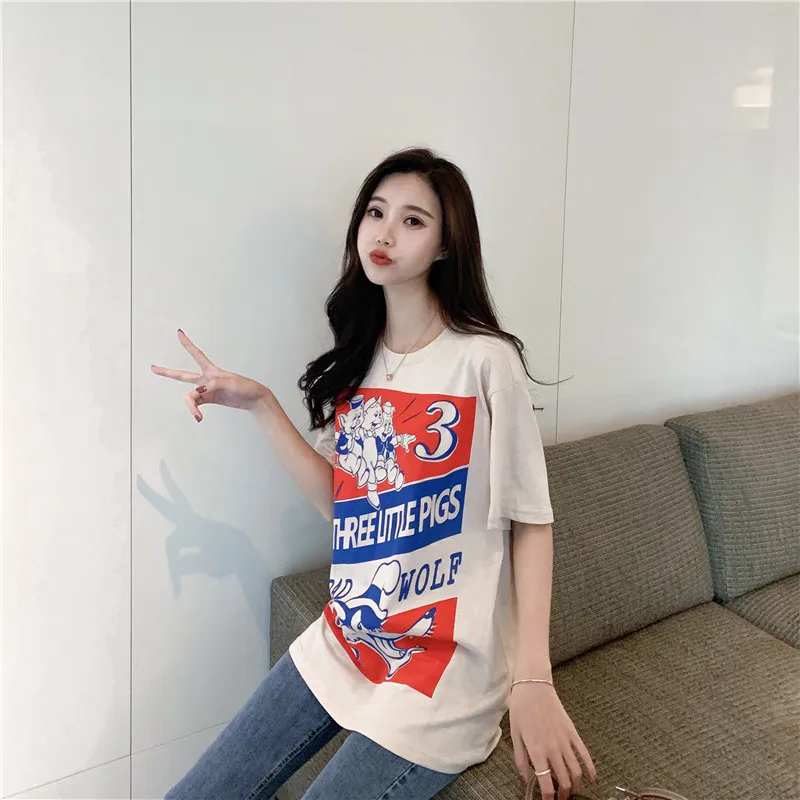 Harajuku Ulzzang Oversize tshirt мультфильм печати короткий рукав футболки корейский стиль Для женщин Свободные Летние Футболка женская Повседневное Топы