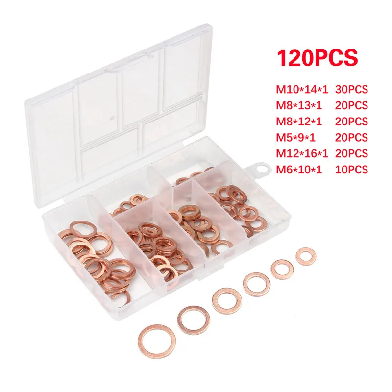 

120Pcs 5 Sizes Copper Washer Gasket Set Flat Ring Seal Kit Set For Generators Machinery M5/M6/M8/M10/M12 With Box