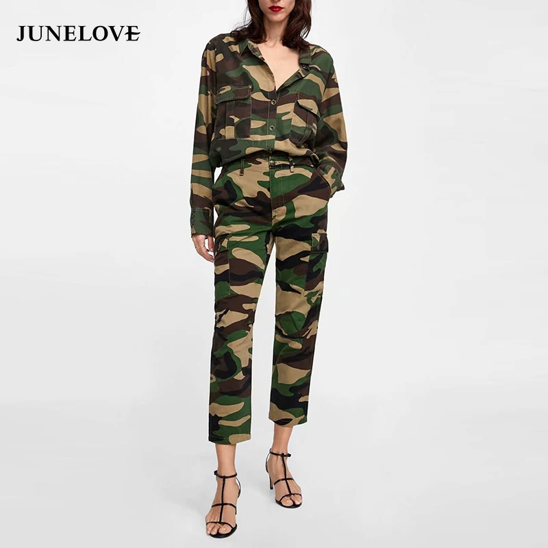 Женские винтажные камуфляжные комплекты JuneLove с длинным рукавом женские костюмы