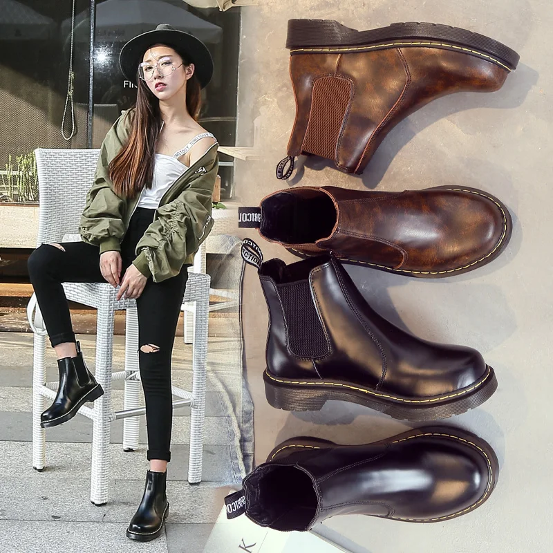 

New Women Boots Pu Leather Shoes Glirs Booties Water Proof Ladies Martin Boots Fashion Platform Autumn Shoes Boots Brown 2018