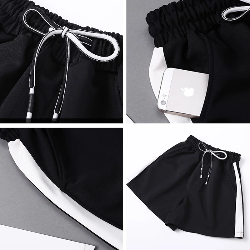 CHRLEISURE Для женщин летние шорты Высокая Талия короткие Feminino сбоку Полосатый Черный
