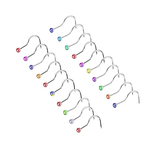 New Arrival 20Pcs Mixed Color Body Piercing Stainless Steel Rhinestone Nose Ring Bone Stud |