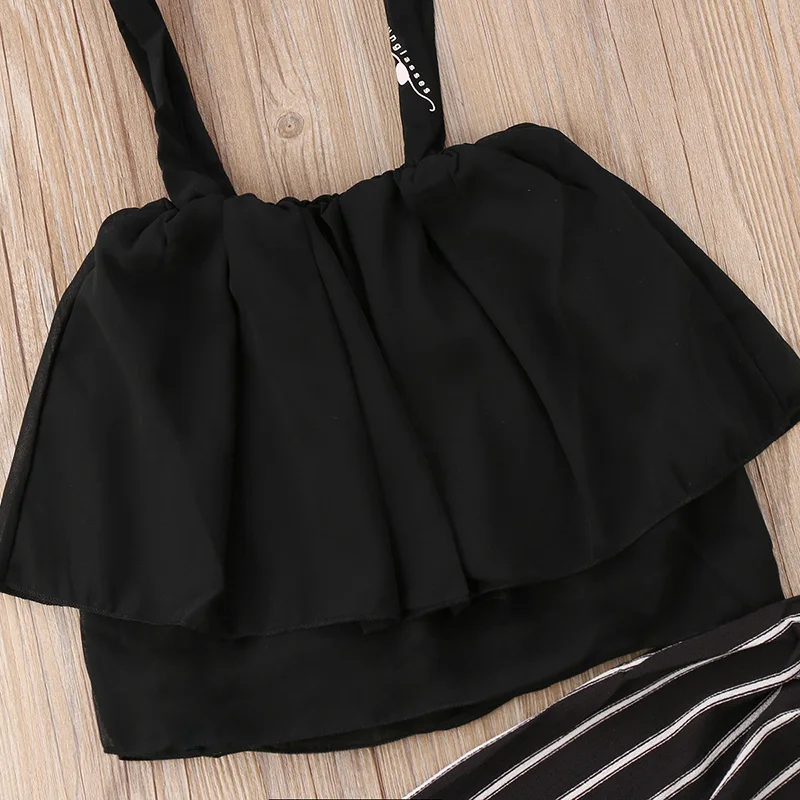 Roupas infantis menino Лето Дети Девушка рукавов ремень топы черный + штаны в полоску