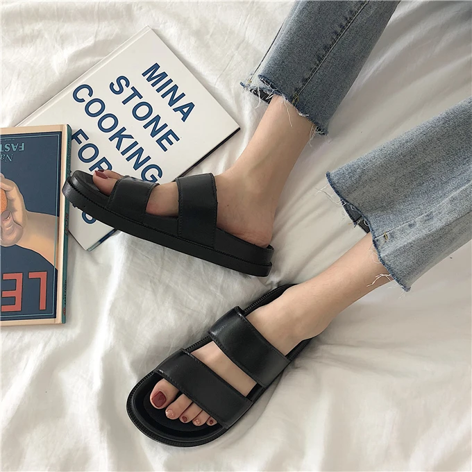 

Lady Classic High Quality Black Pu Leather Summer Slippers Women Fashion Comfortable Spring Slippers Zapatillas De Mujer G5299