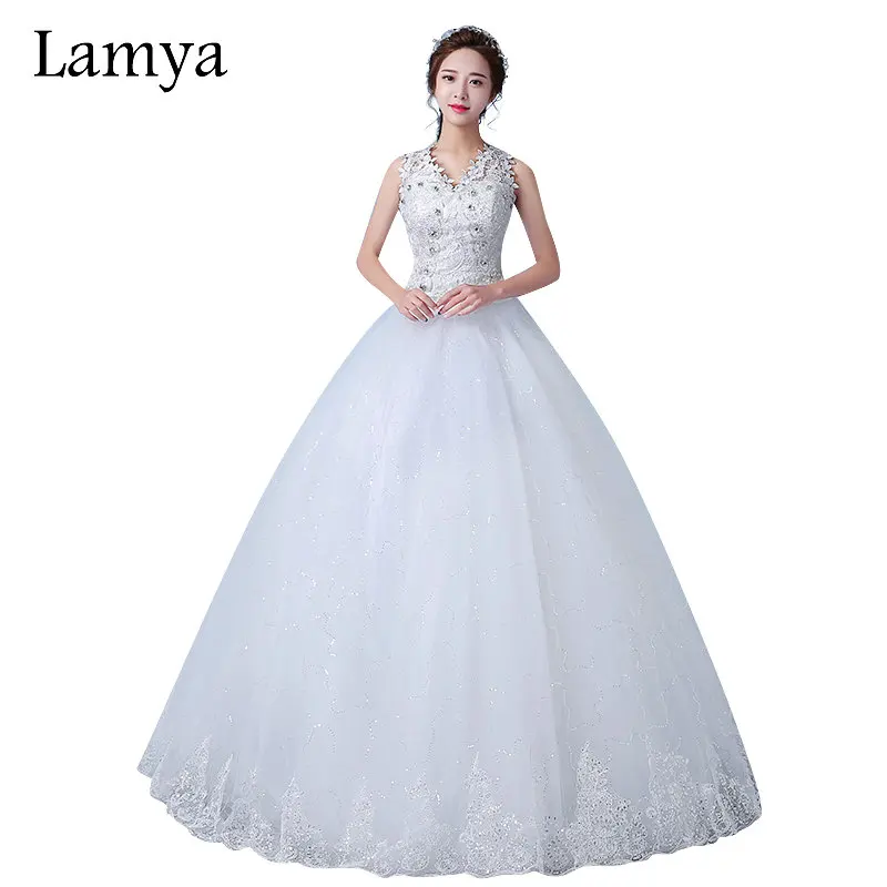 

LAMYA Plus Size Latest Wedding Gown Beaded Flowers Lace Bottom Open Back Wedding Dress Designs V Neck Crystal Princess Lace up