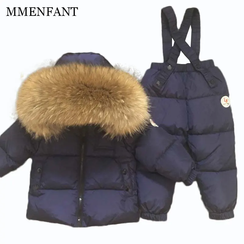 Winter thickening White duck down jacket boys girls ski suit children's clothing sets real Raccoon fur collar kids | Детская одежда