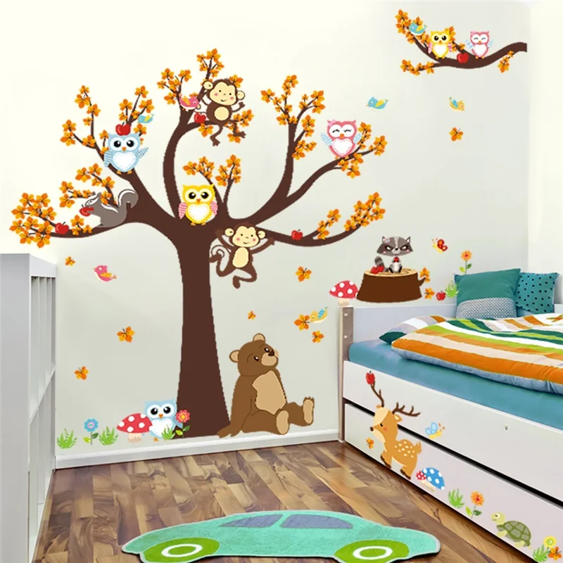 

Cartoon Animals Bear Monkey Owls Tree Wall Sticker For Kindergarten Kids Room Decoration Home Decals Autumn Scenery Mural Art