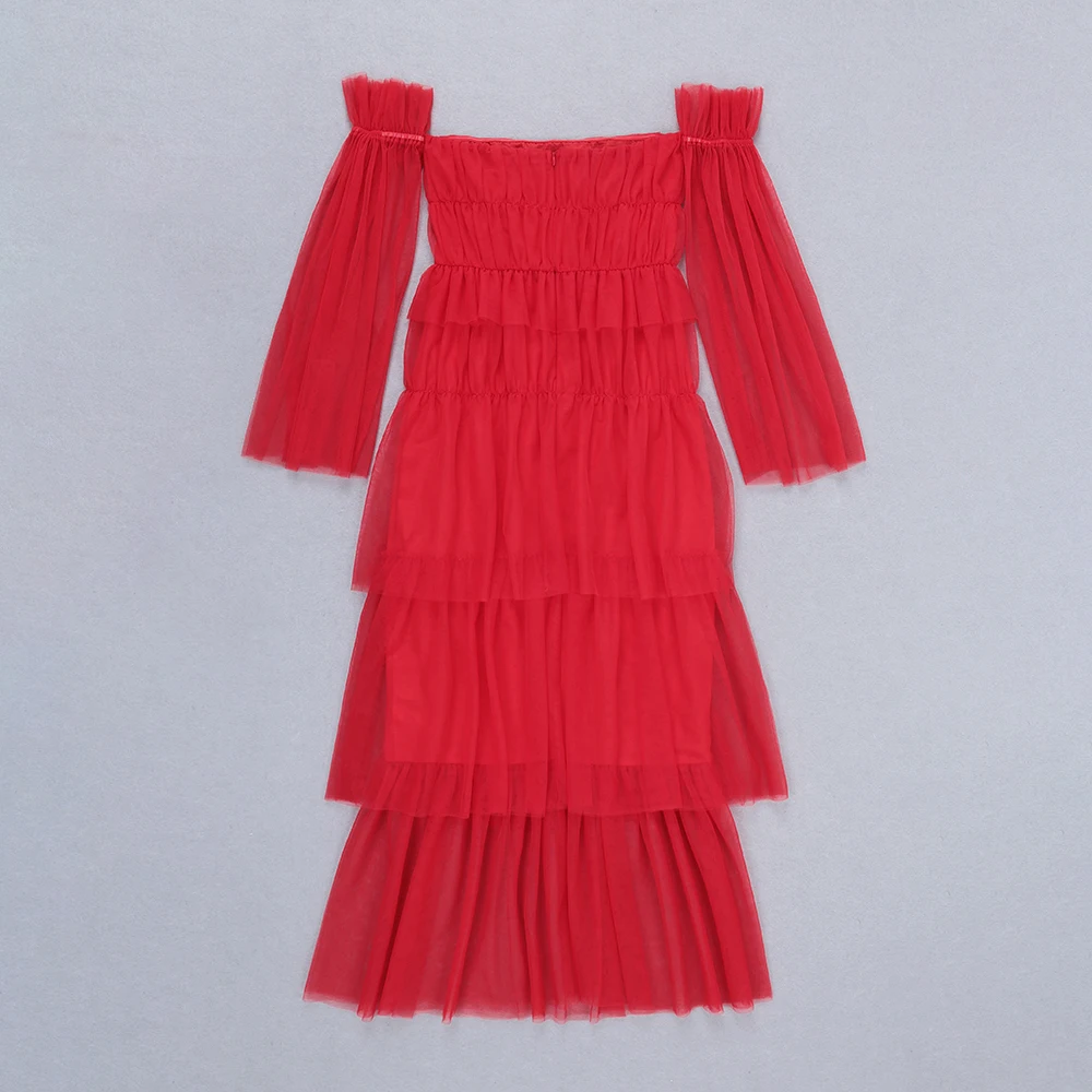 

New Bandage Dress Women Vestidos Verano 2019 New Summer red lace slash neck long sleeve Dress Celebrity Evening Ankle - length