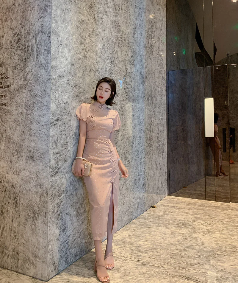 Летние винтажные платья Cheongsam, офисный Женский Бандаж, Сплит, Сексуальные вечерние платья, стоячий воротник, короткие пышные рукава, высококачественное женское платье