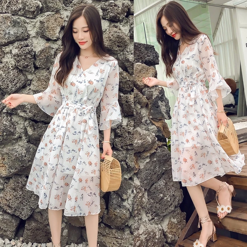 2019 Summer Fashion Women's Clothing Flare Three-quarter Sleeves V-neck Dress Sashes Flowers Printing Plus Size Dresses Female | Женская