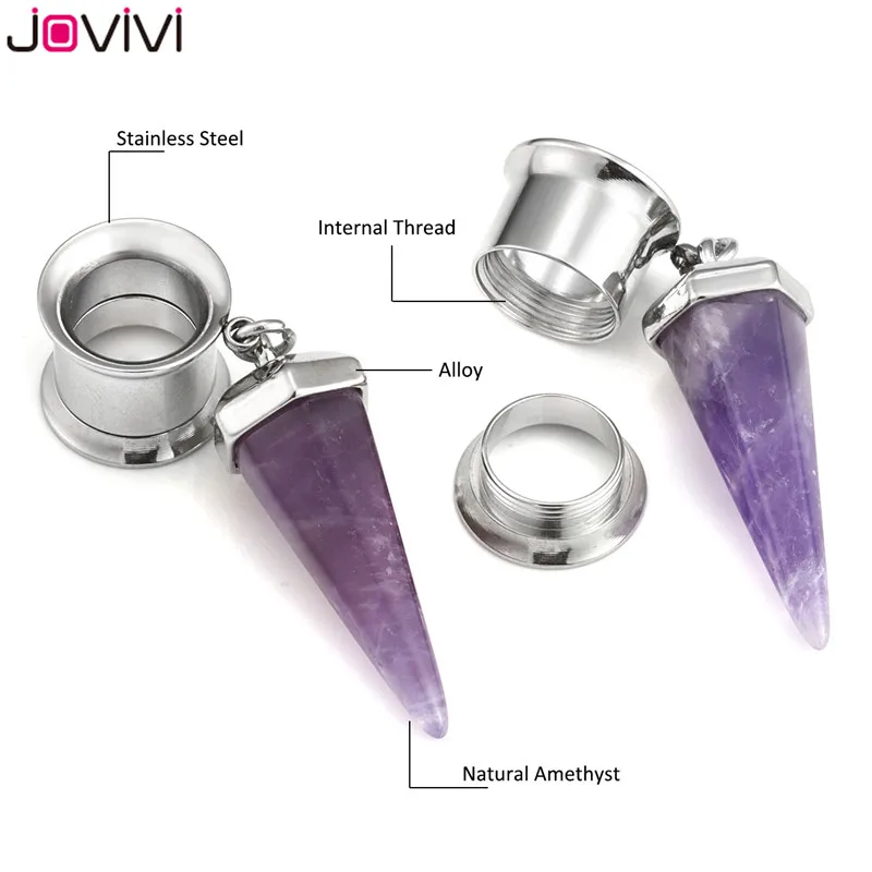 Jovivi 2 шт. камень Исцеление Кристаллы кулон болтаются из нержавеющей стали винтовые Беруши Тоннели Измерительные Приборы Носилки Пирсинг 6-16 мм
