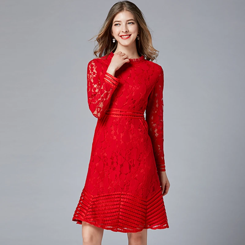Женское платье с круглым вырезом кружевное большого размера в стиле пэчворк для