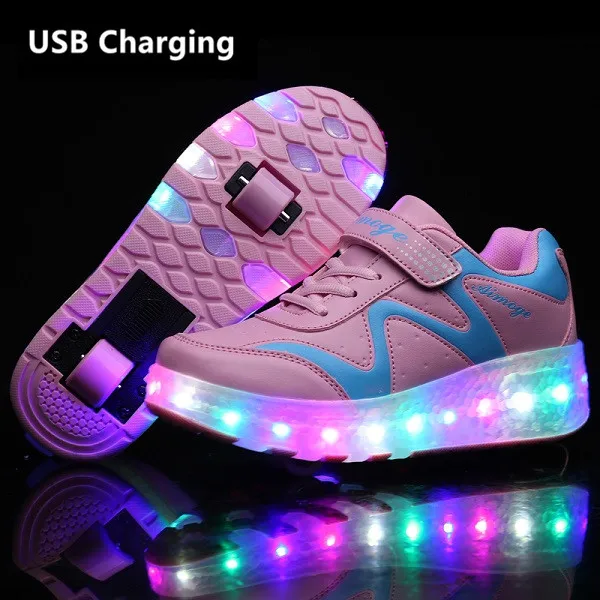 

Eur28-43 Two Sneakers With Wheels USB Charging Glowing Led Light up 2020 Roller Skate Wheels Shoes for boys&girls Slippers