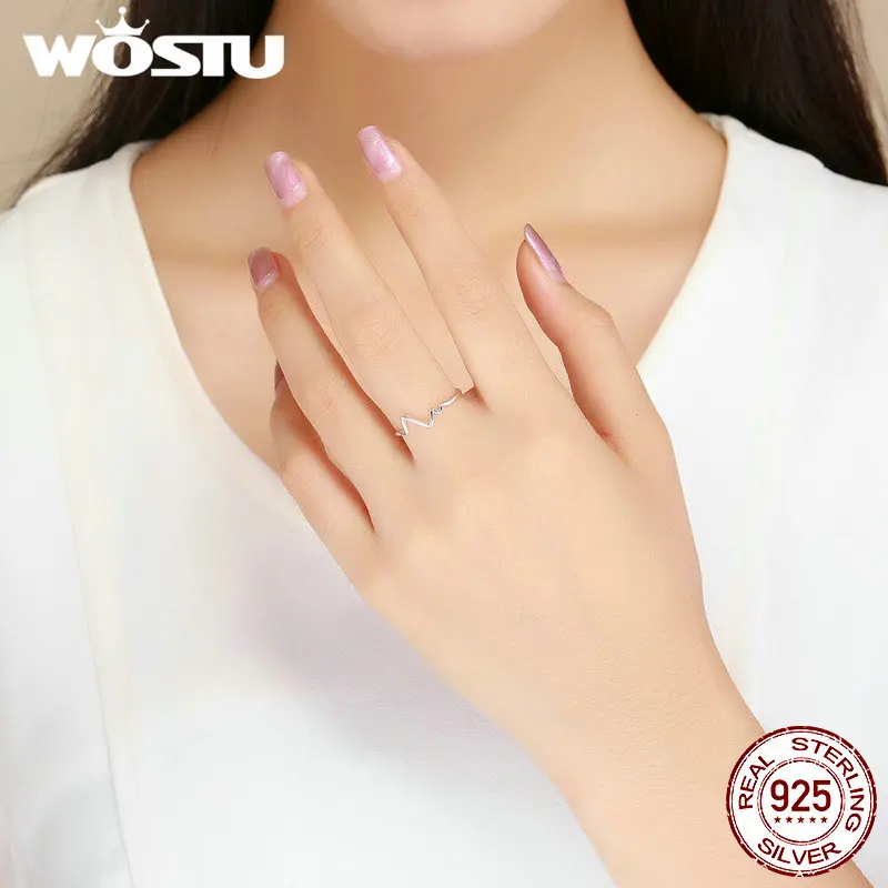 WOSTU, подлинные, 925 пробы, серебряные, модные, волнистые, открытые кольца для женщин, сердцебиение, регулируемое кольцо, хорошее ювелирное изделие, вечерние, подарки, CSR159
