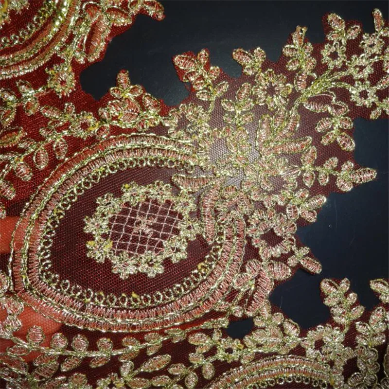 3Yds нежный красный фон золотая вышивка свадебное платье шнуровка Кружевная