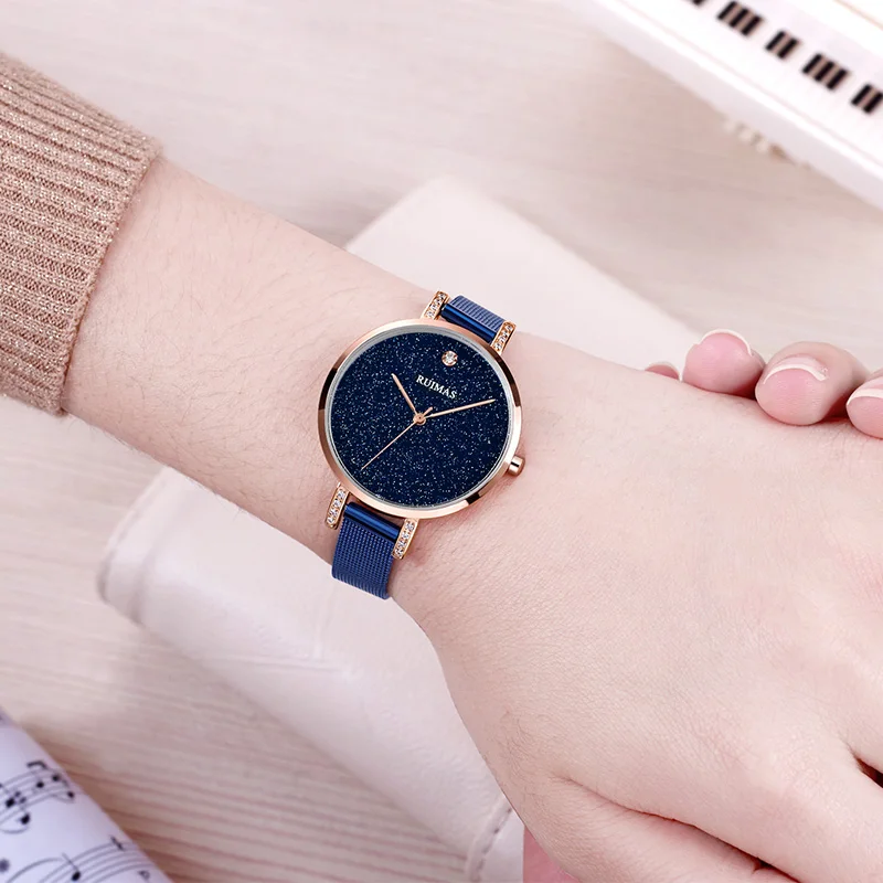 Женские наручные часы Ruimas роскошные цвета розового золота минимализм звездное
