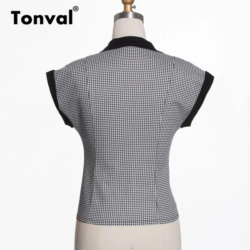 Tonval, короткий рукав, Ретро стиль, клетчатая рубашка, блузка для женщин,, лето, для офиса, леди, топы, с отложным воротником, хлопковые блузки