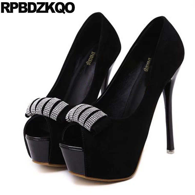 

Suede Fish Mouth Platform Women Peep Toe Scarpin Summer Ultra Black Super High Heels Extreme Size 4 34 Shoes Rhinestone 12cm 5
