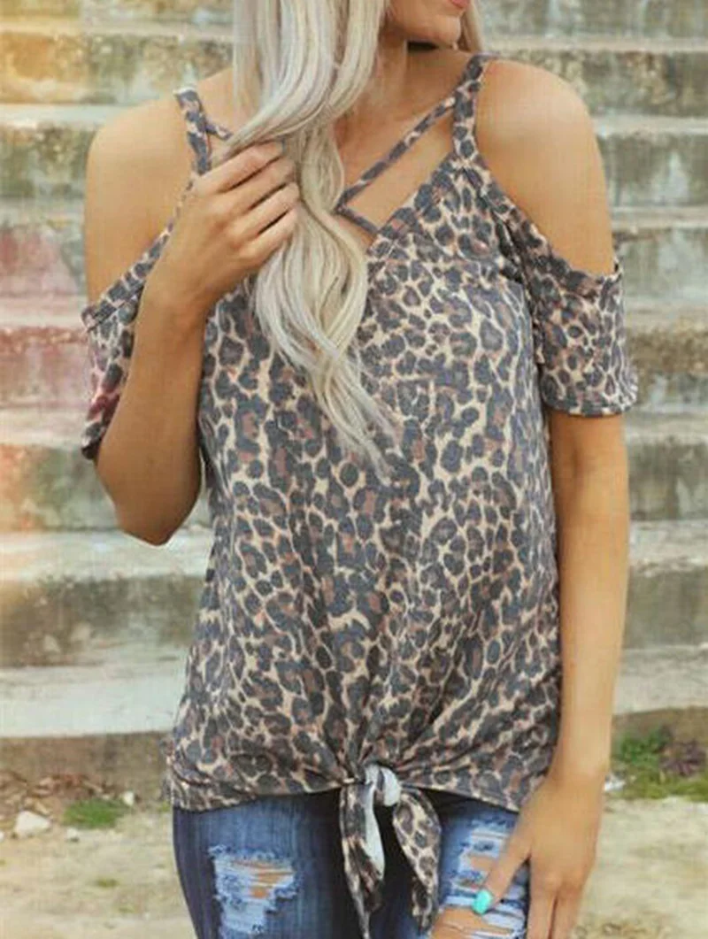 

Women Tops For Summer Fashion V-Neck Tops Tee Women T-Shirt Female Leopard Printed Cold Shoulder Tees