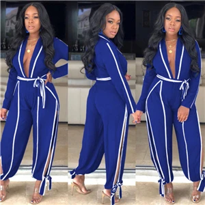 blue jumpsuit Adogirl White Trim Patchwork Women Jumpsuit Sexy Deep V Neck Long Sleeve Romper Side Slit Bow Tie Loose Pants Casual Overalls - Цвет: blue jumpsuit