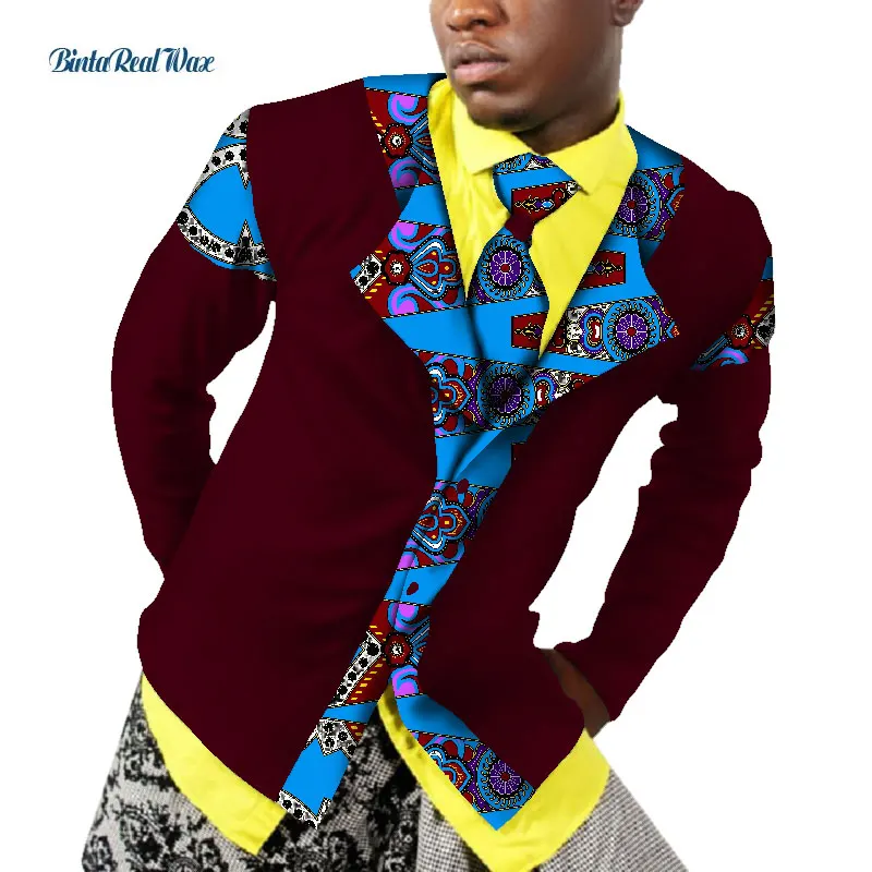 African Men Clothing Bazin Riche Patchwork Print Tops Coat Shirt Necktie Cotton Dashiki African Design Clothing WYN519