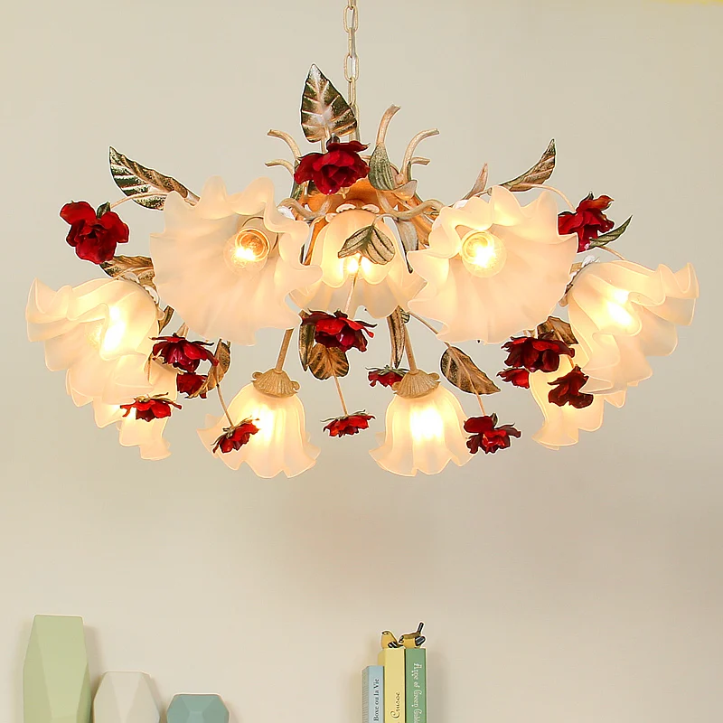 

Pastoral Style Korean Wrought Iron Pendant Light Pink Rose Flower Bedroom Dining Room Hanging Lighting Lamp Lustre Pendente