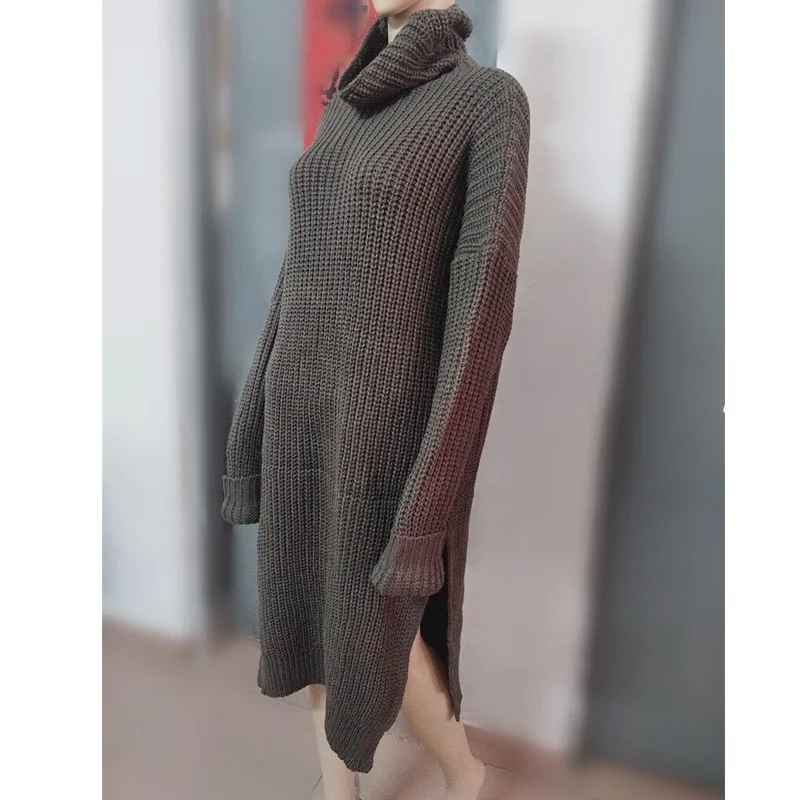 Thick knitted sweater dress women winter tops vintage Korean turtleneck pullovers high slit oversized long pull robe femme hiver | Женская
