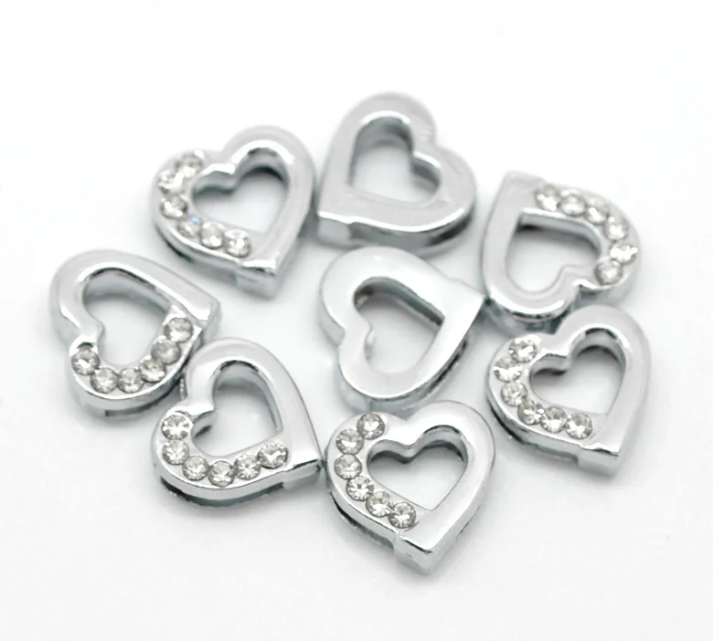 Doreen Box hot- 20PCs Silver Tone Rhinestone Love Heart Charm Beads Spacer Slider 13mmx12mm (B20076) | Украшения и аксессуары