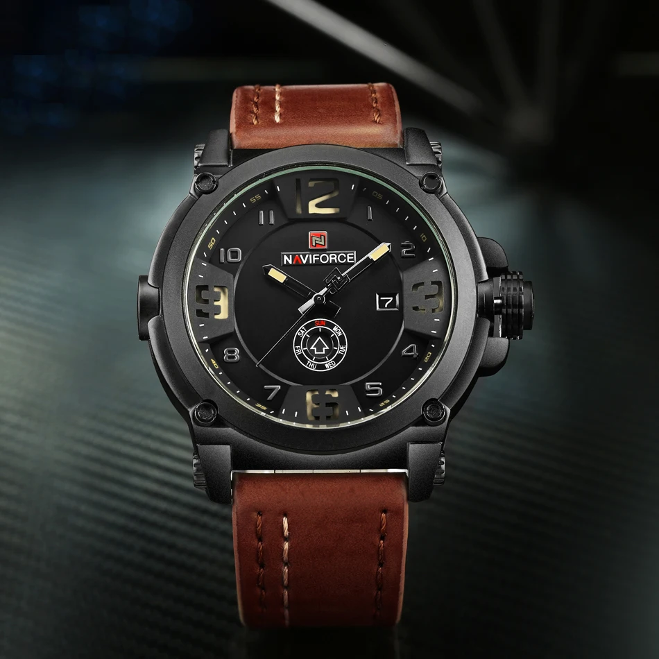 NAVIFORCE Мужские часы от ведущего бренда, роскошные спортивные кварцевые часы с кожаным ремешком, мужские водонепроницаемые наручные часы relogio masculino 9099