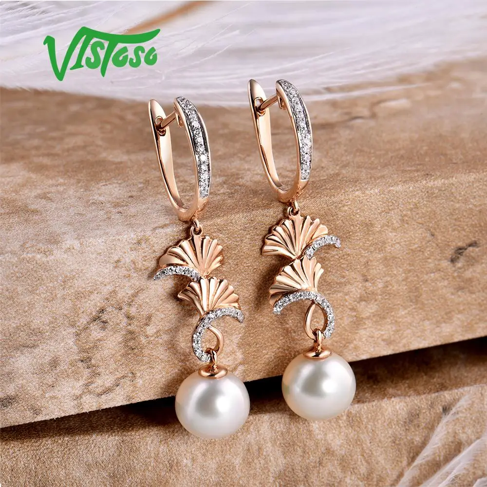 VISTOSO Pure 14 K 585 розовое золото сверкающие бриллианты элегантные пресноводные жемчужные серьги для женщин уникальные модные свадебные ювелирные изделия