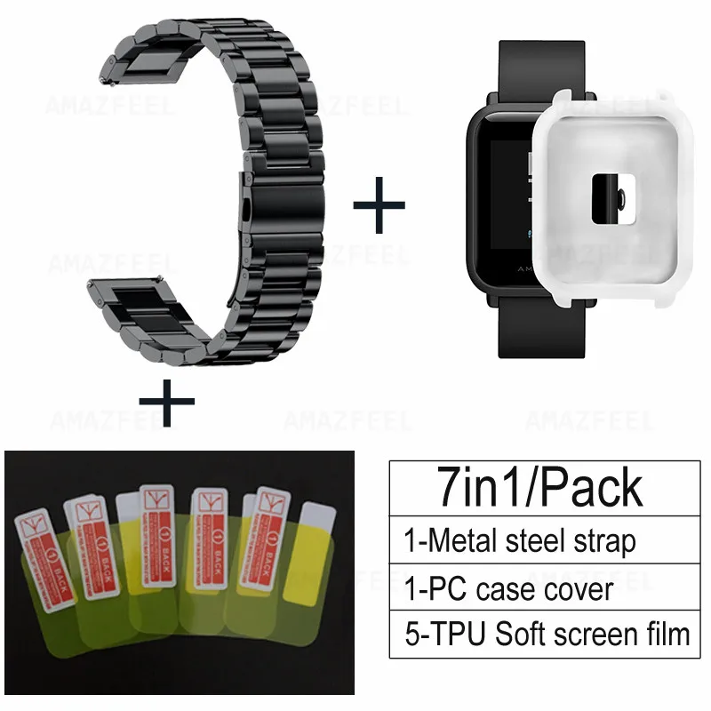 black-white softcase 7 шт./упак. ремешок для часов из нержавеющей стали для Xiaomi Huami amazfit bip Youth Metal replacment наручный защитный ремень Чехол+ пленка для экрана - Color: black-white softcase