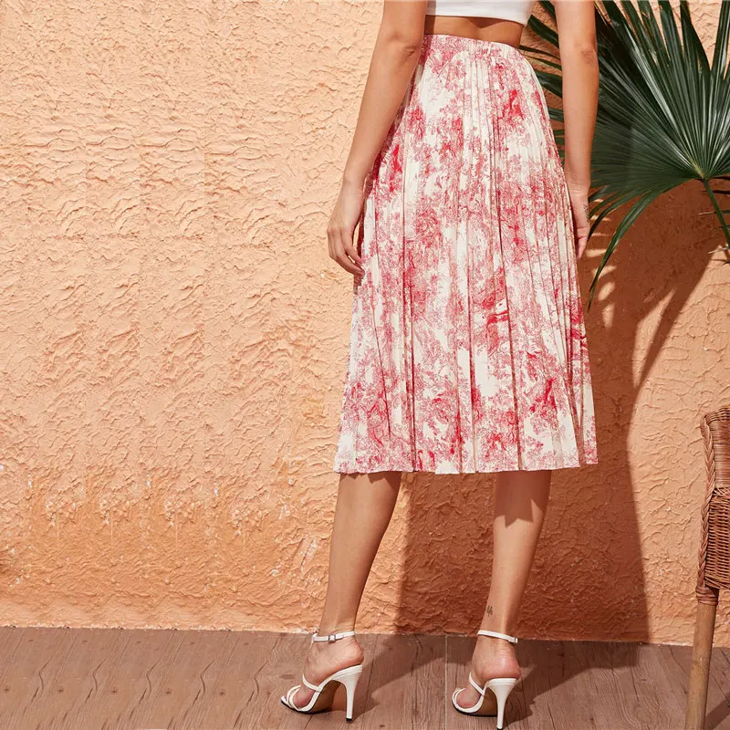 SHEIN, Женская плиссированная юбка с пейзажным принтом, весна-лето, Boho, высокая талия, длинные юбки для дам, трапециевидная элегантная юбка миди