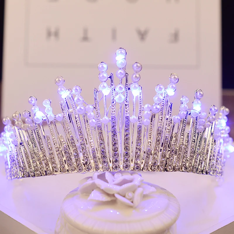 Shiny Crown Pearl Wedding Tiara Blue White Light Crown With LED Rhinestone Women Hair Accessories Head Jewelry Bridal Headpiece