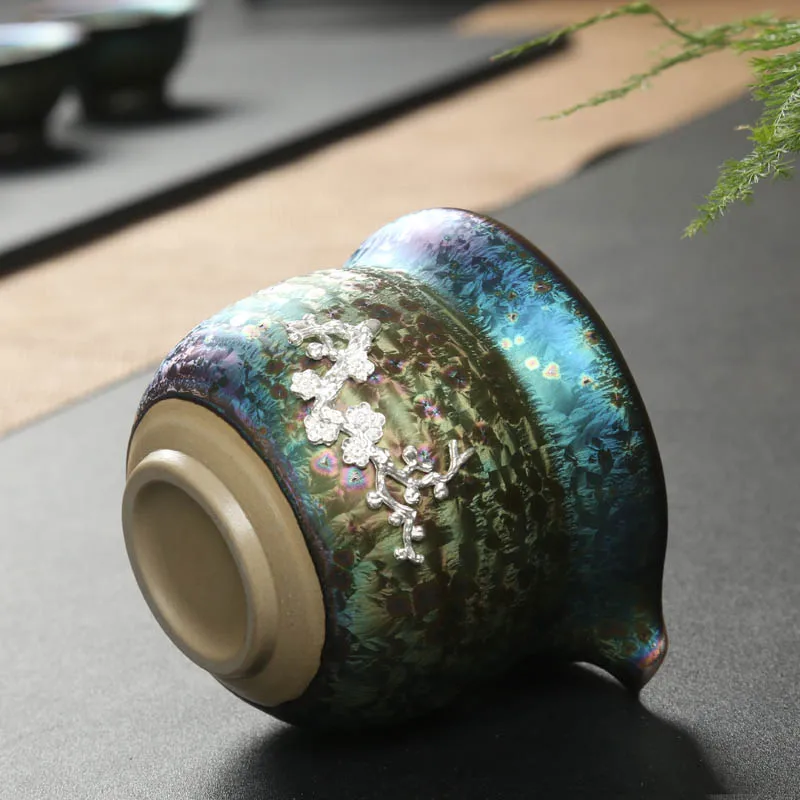 

Vintage Ceramics Colorful Build Light Inlaid Silver Tea Pot Kung Fu Tea Set Kiln Change Fair Cup Teapot with 9 Holes Out Water