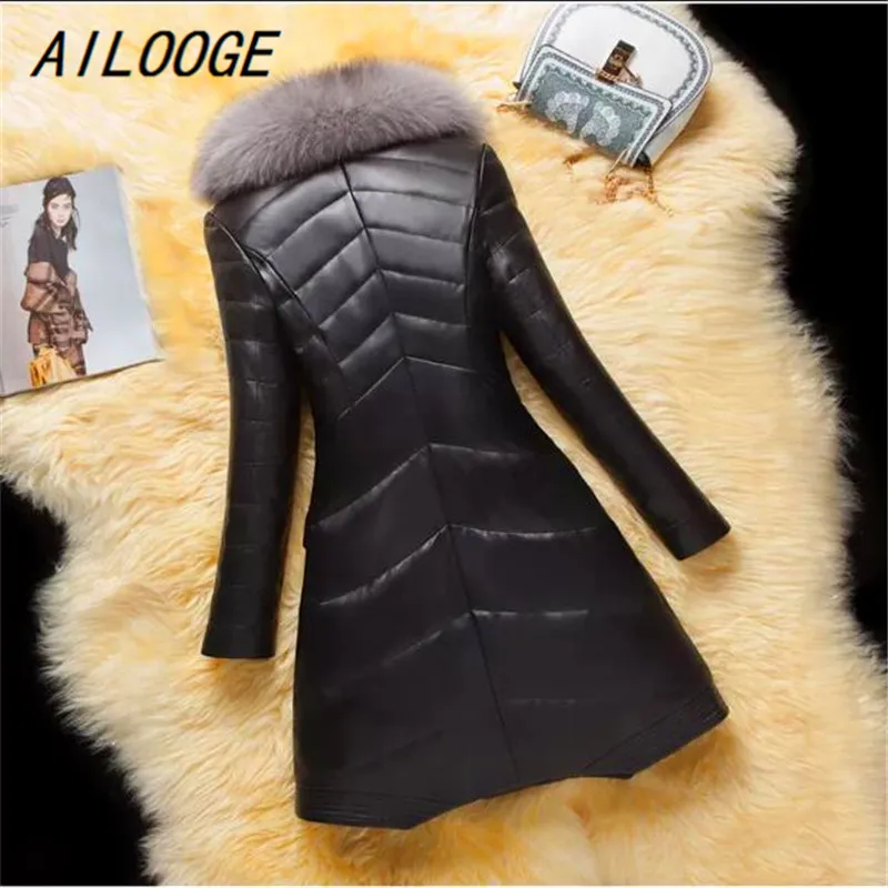 AILOOGE Winter Women Leather Coat High Quality Weight Jacket Duvet Sheep Temperament Fox Fur Collar Fashion Female Down Par | Женская