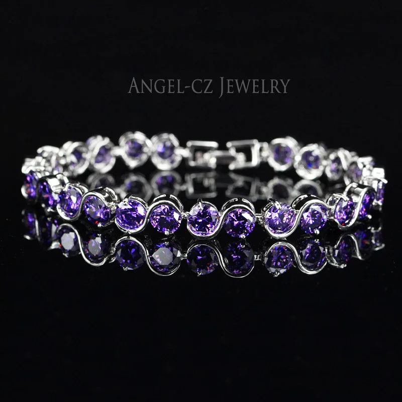 Purple ANGELCZ 925 пробы серебряные женские ювелирные изделия классический круглый зеленый создан Изумрудный кубический циркон браслет-цепочка с камнем для женщин AB002 - Окраска металла: Purple