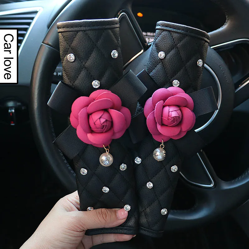 2pcs Seat belt case Милый розовый цветок, украшение салона автомобиля, кожа, кристалл, авто подушка для шеи, ручной тормоз, шестерни, чехол для переключения, ремень безопасности, чехол, аксессуары - Цвет: 2pcs Seat belt case