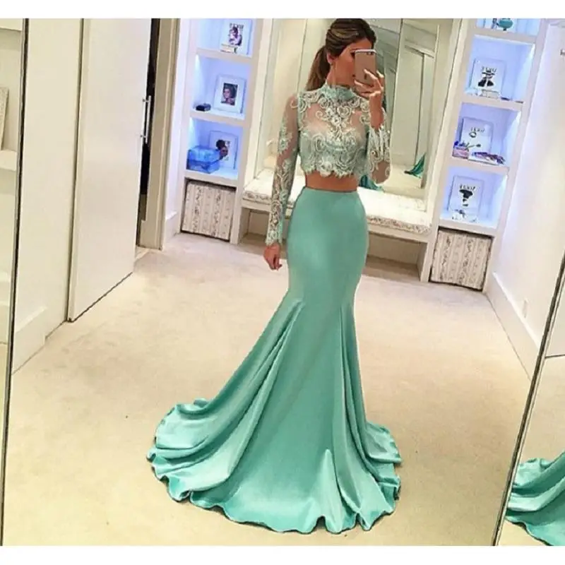 

Mint Green Two Piece Prom Dresses Mermaid 2021 Vestido Formatura Sheer Applique Lace Long Sleeve Imported Party Dress