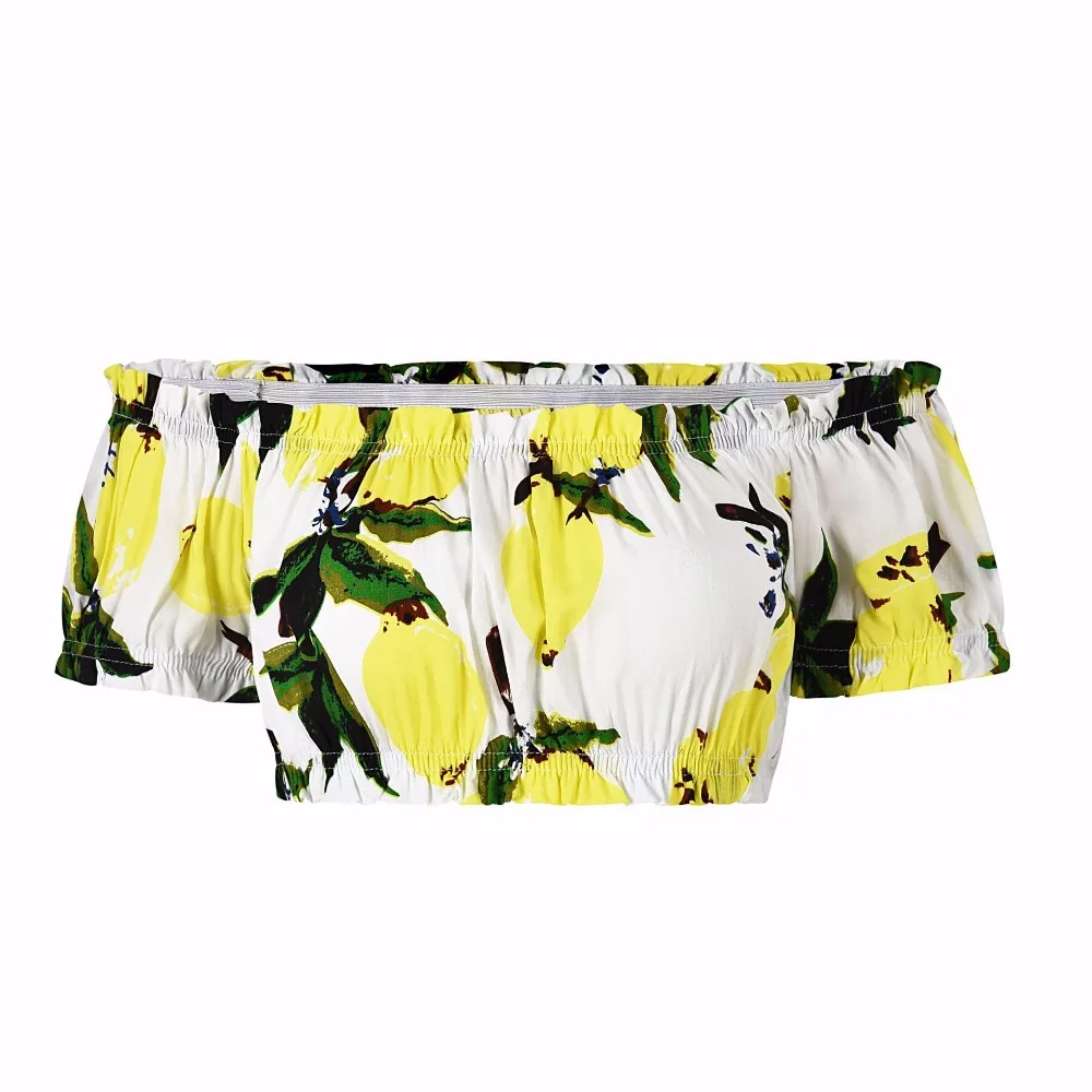 Женский короткий топ с открытыми плечами летний коротким рукавом и принтом