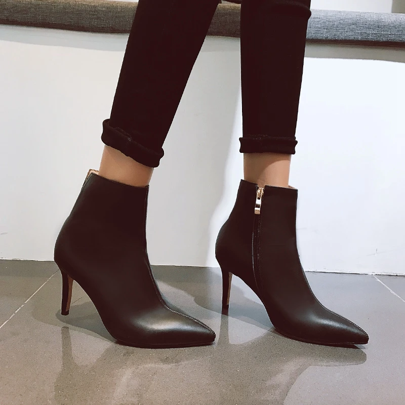 

ENMAYER Women Genuine Leather Boots Thin heels Autumn Winter Fashion Boots Shoes women Ankle boots Pointed toe Zipper CR1412